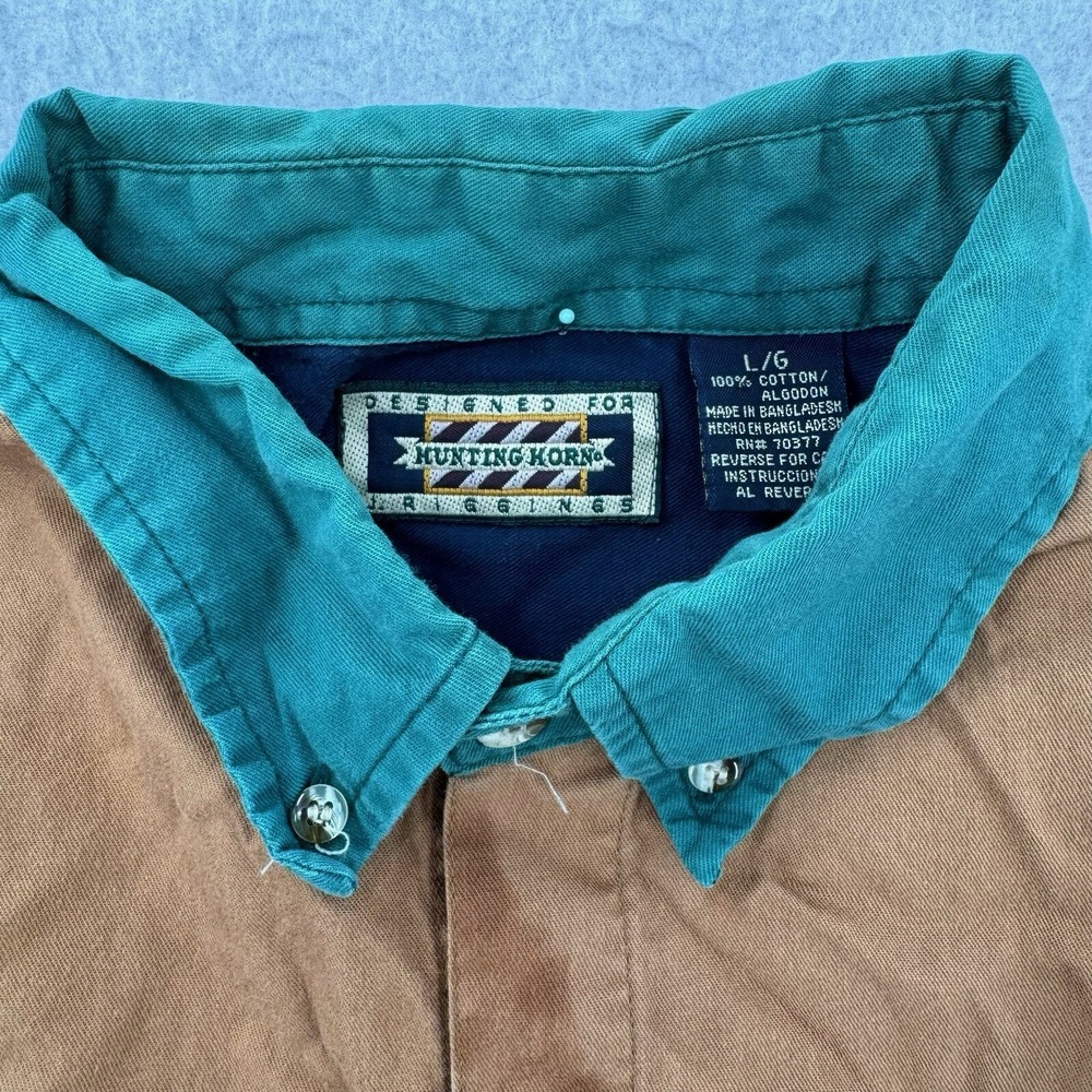 VINTAGE Hunting Horn J Riggings Shirt‎ Mens Large Color Block Stripe Green Brown - Picture 5 of 6